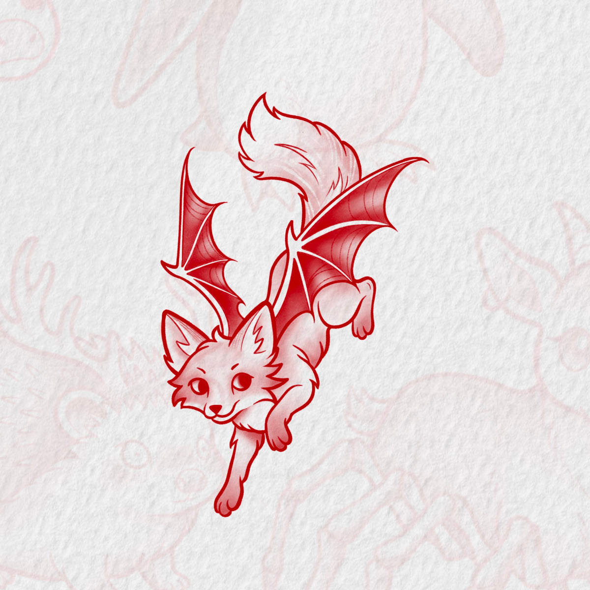 Fox with Bat Wings Flash Tattoo