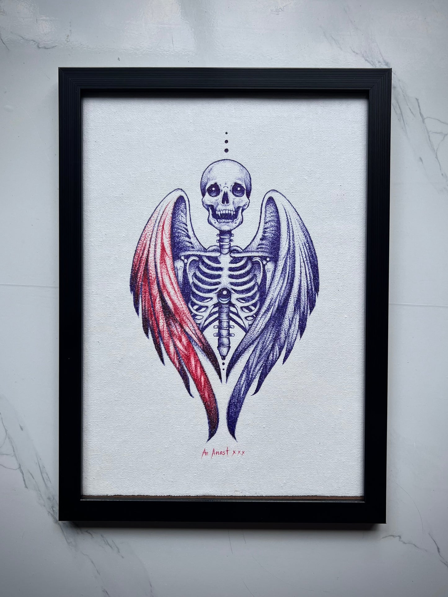 Framed Skeleton with Wings Ballpoint Ink Artwork