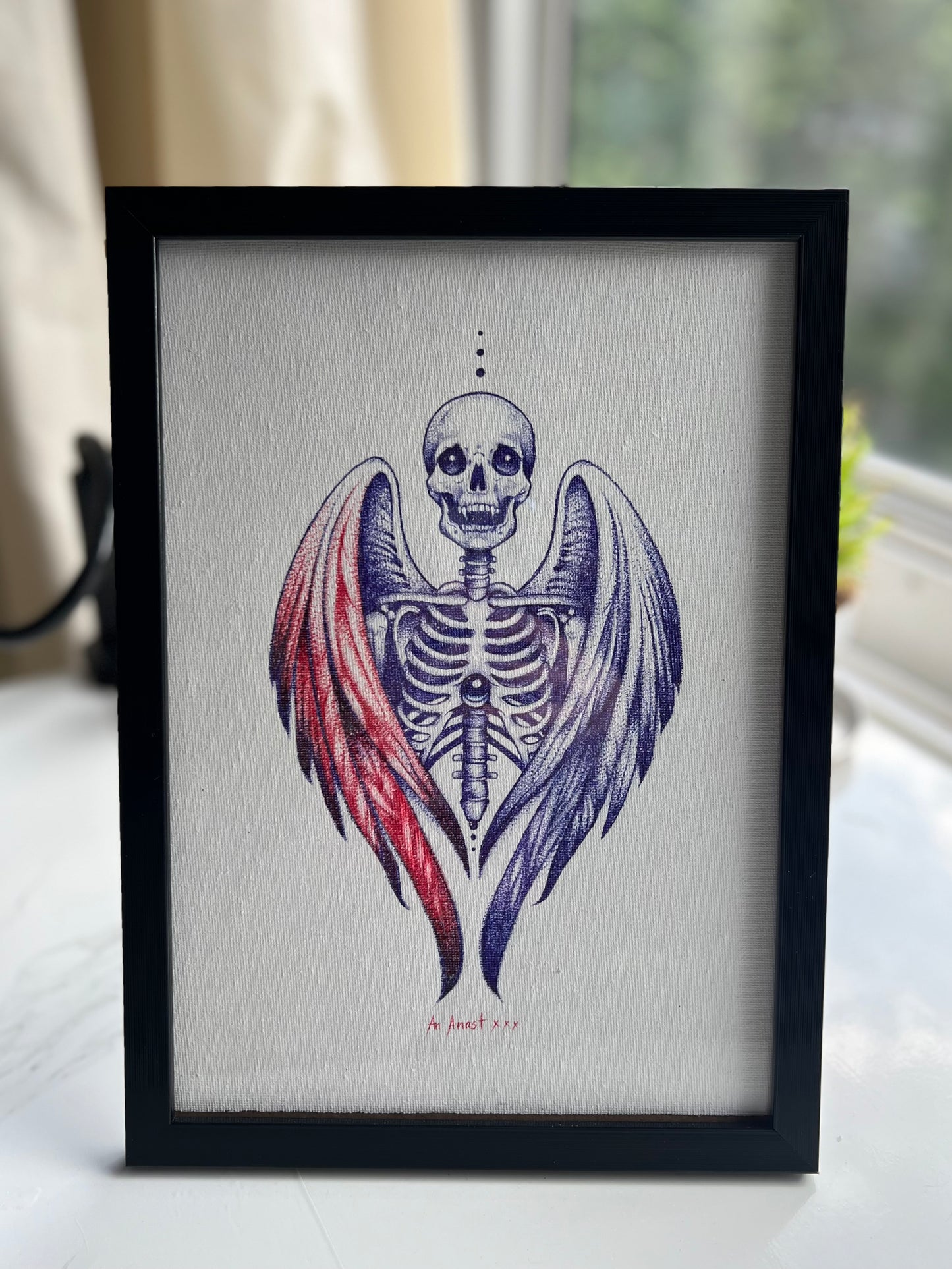 Framed Skeleton with Wings Ballpoint Ink Artwork