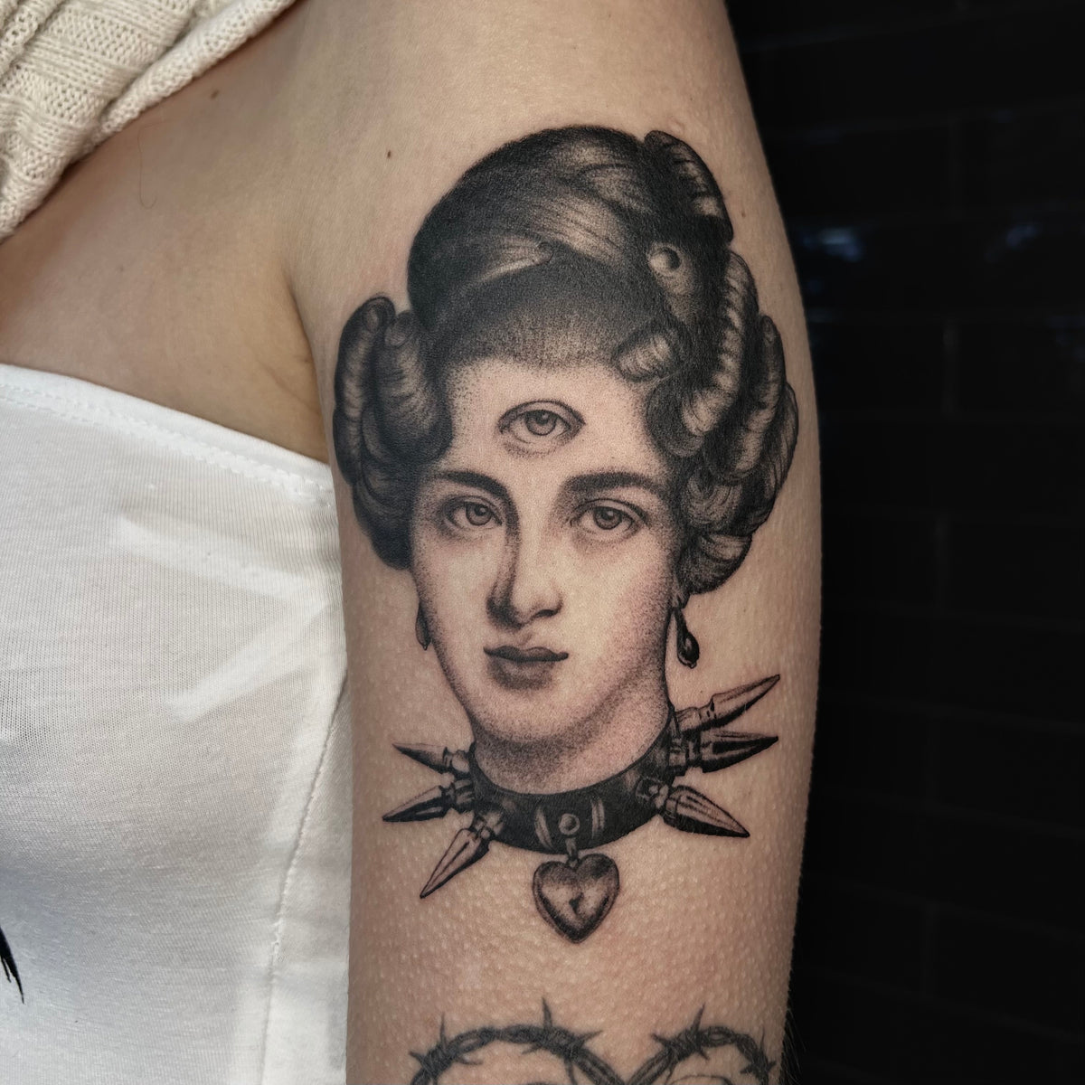 Surreal Victorian portrait dark illustrative tattoo by Anastasia, Amsterdam